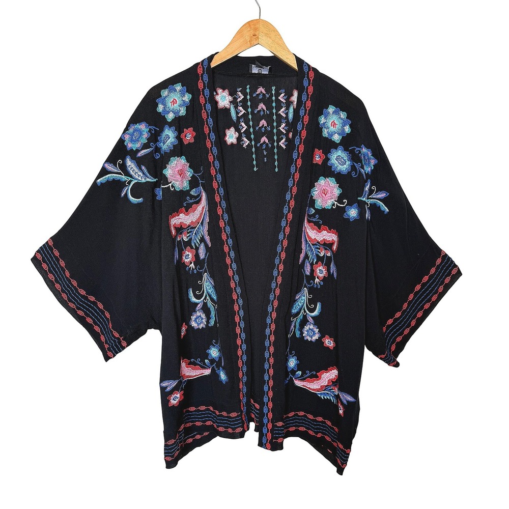 Curations Embroidered Gauze Kimono Topper Cardigan Jacket Boho Floral Black M/L